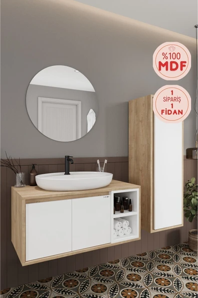 BALNEOM Gül Beyaz 90 Cm Banyo Dolabı Ayna Lavabo Boy Dolabı ürün görseli 1