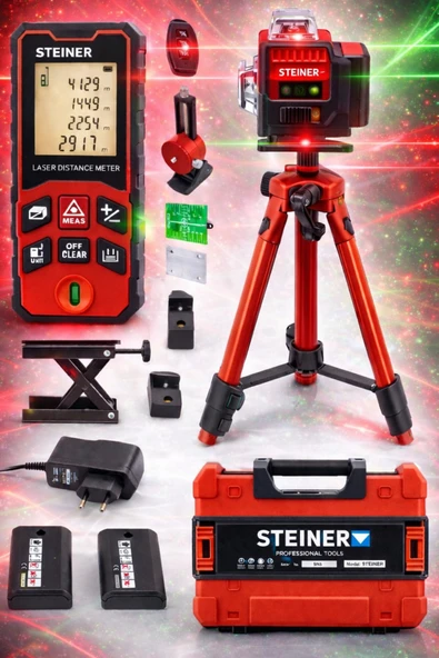 STEİNER Profesyonel 12 Köşe Yeşil Çizgi Lazer Otomatik Hizalama Çantalı + 50MT Lazer Metre + Tripod ürün görseli 1