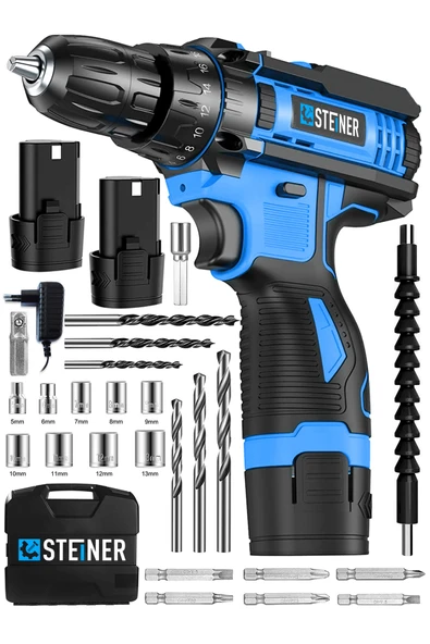 STEİNER Alman Turbo Profesyonel 128 Vf 10 Ah Otomatik Korumalı Metal Şanzuman Çift Akülü Şarjlı Matkap + Set ürün görseli 1