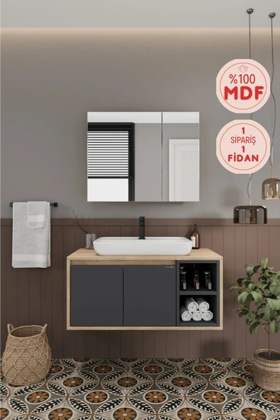 BALNEOM Lale 90 Cm %100 Mdf Lavabolu Banyo Dolabı + Aynalı Dolap ürün görseli 1