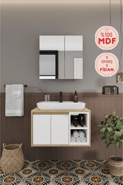 BALNEOM Lale Beyaz 70 cm %100 Mdf Lavabolu Banyo  Dolabı + Aynalı Dolap ürün görseli 1