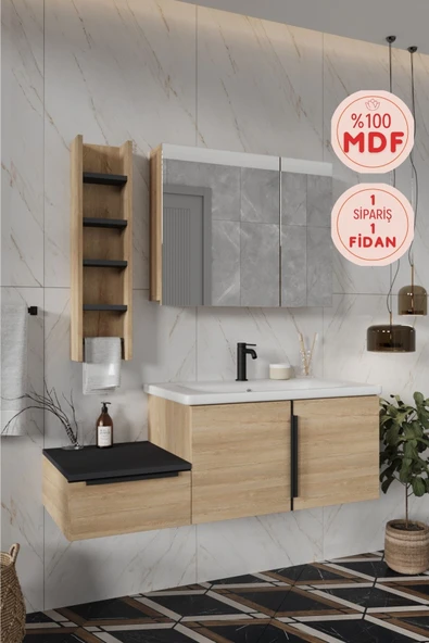 BALNEOM Banyo Zakkum 120 Cm Demonte Lavabolu Banyo Dolabı Dolaplı Aynalı Üst Dolap Havluluk ürün görseli 1