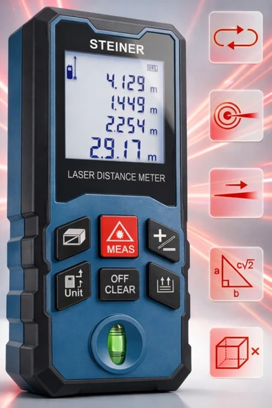 STEİNER Profesyonel 50 Metre Lazer Metre Dijital Göstergeli Lazer Mesafe Ölçer Mavi ürün görseli 1