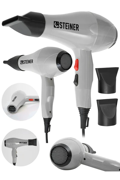 STEİNER 3800 Watt Profesyonel Saç Kurutma Makinesi Fön Makinesi Ac Motor Gri+ 2 Adet Başlık ürün görseli 1