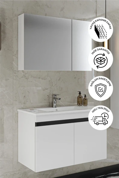 BALNEOM Banyo Idil 80 Cm Demonte Lavabolu Banyo Dolabı Aynalı Dolaplı Üst Dolap Alt Dolap Lavabo ürün görseli 1