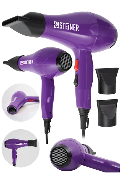 STEİNER Alman 3800 Watt Profesyonel Saç Kurutma Makinesi Fön Makinesi Ac Motor Ms-9001 Mor + 2 Adet Başlık ürün görseli 1