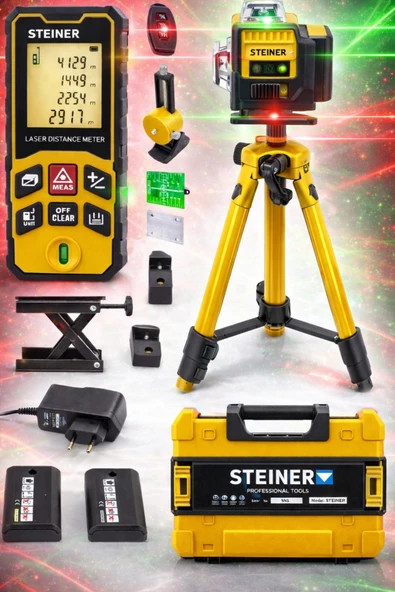 STEİNER Profesyonel 12 Köşe Yeşil Çizgi Lazer Otomatik Hizalama Çantalı + 50MT Lazer Metre + Tripod ürün görseli 1