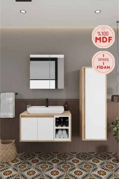 BALNEOM Lale Beyaz 80 Cm %100 Mdf Lavabolu Banyo Dolabı + Aynalı Dolap+ Boy Dolabı ürün görseli 1