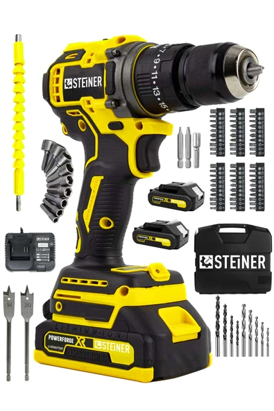 STEİNER 21v Çift Akü Kömürsüz Motor Çelik Mandren Darbeli Akülü Vidalama Şarjlı Matkap 84 Parça Set S156825 ürün görseli 1