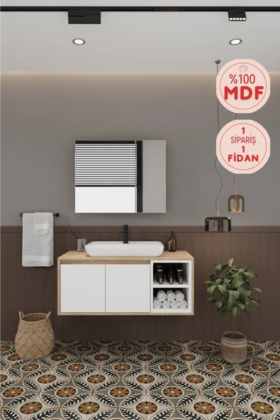 BALNEOM Lale Beyaz 100 Cm %100 Mdf Lavabolu Banyo Dolabı + Aynalı Dolap ürün görseli 1