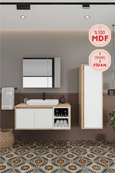 BALNEOM Lale Beyaz 100 Cm %100 Mdf Lavabolu Banyo Dolabı + Aynalı Dolap + Boy Dolabı ürün görseli 1