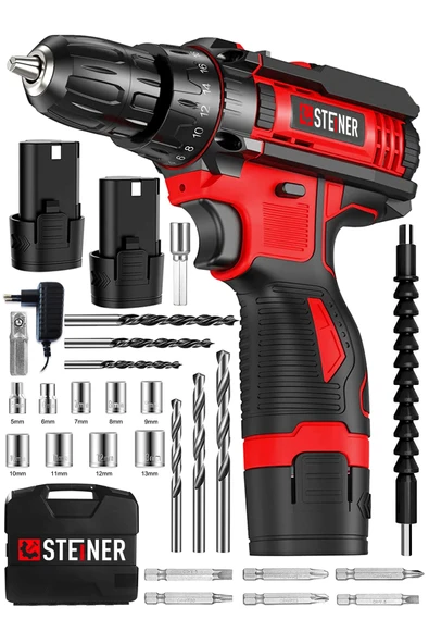STEİNER Alman Turbo Profesyonel 128 Vf 10 Ah Otomatik Korumalı Metal Şanzuman Çift Akülü Şarjlı Matkap + Set ürün görseli 1