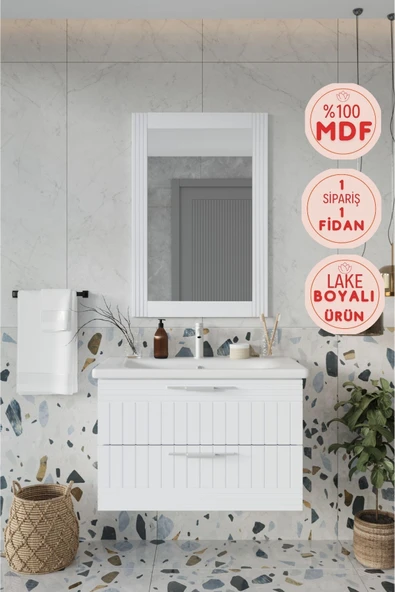 BALNEOM Erguvan Gümüş Kulp Beyaz Demonte 80 Cm Lavabolu Banyo Dolabı Ayna Lavabo ürün görseli 1