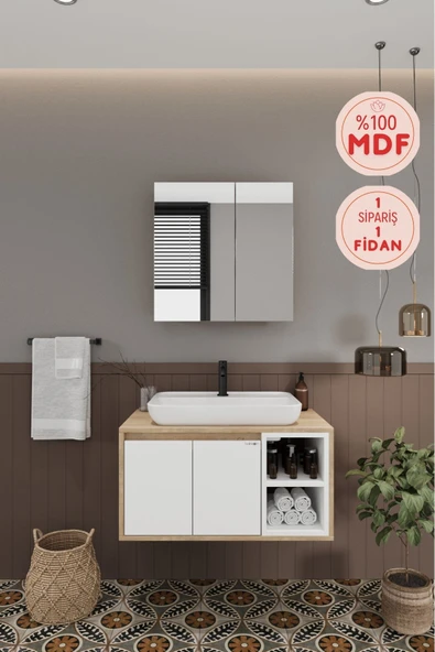 BALNEOM Lale Beyaz 80 Cm %100 Mdf Lavabolu Banyo Dolabı + Aynalı Dolap ürün görseli 1