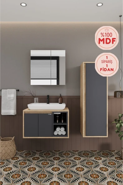 BALNEOM Lale 70 Cm set  %100 Mdf Lavabolu Banyo Dolabı + Aynalı Dolap + Boy Dolabı ürün görseli 1