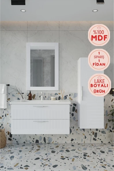 BALNEOM Erguvan Beyaz Gümüş Kulp Demonte Lavabolu Banyo Dolabı 100 Set ürün görseli 1