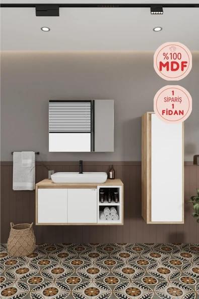BALNEOM Lale Beyaz 90 Cm %100 Mdf Lavabolu Banyo Dolabı + Boy Dolabı ürün görseli 1