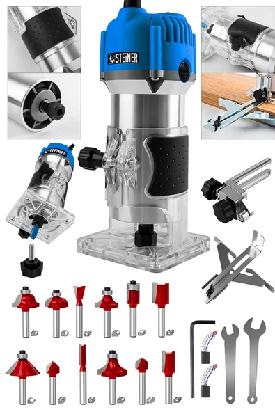 STEİNER 3000 Watt 6 Kademe Devir Ayarlı Formika Traşlama Freze Makinesi 6 Mm Pens M545 + 12 Adet Uç ürün görseli 1