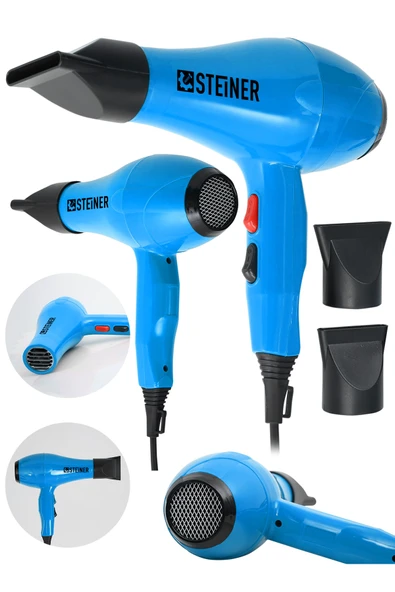 STEİNER Alman 3800 Watt Profesyonel Saç Kurutma Makinesi Fön Makinesi Ac Motor Ms-9001 Mavi + 2 Adet Başlık ürün görseli 1