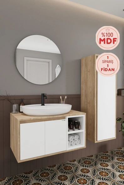 BALNEOM Gül Beyaz 80 Cm Banyo Dolabı+ayna+lavabo+boy Dolabı ürün görseli 1