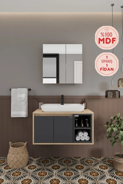 BALNEOM Lale 80 Cm %100 Mdf Lavabolu Banyo Dolabı + Aynalı Dolap ürün görseli 1