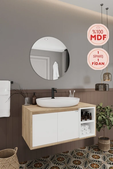 BALNEOM Gül Beyaz 100 Cm Banyo Dolabı Ayna Lavabo ürün görseli 1