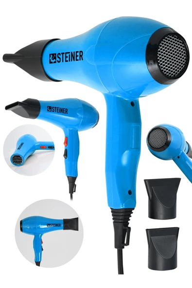 STEİNER Alman 3600 Watt Profesyonel Saç Kurutma Makinesi Fön Makinesi Ac Motor Ms-9001 Mavi + 2 Adet Başlık ürün görseli 1
