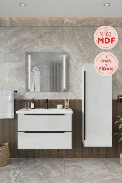 BALNEOM Banyo Kadife Beyaz Parlak Hıgh Gloss Demonte 80 Cm Banyo Dolabı Ledli Aynalı Üst Dolap Boy Dolabı ürün görseli 1