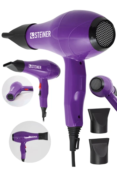 STEİNER Alman 3600 Watt Profesyonel Saç Kurutma Makinesi Fön Makinesi Ac Motor Ms-9001 Mor + 2 Adet Başlık ürün görseli 1