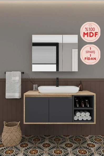BALNEOM Lale 100 Cm %100 Mdf Lavabolu Banyo Dolabı + Aynalı Dolap ürün görseli 1