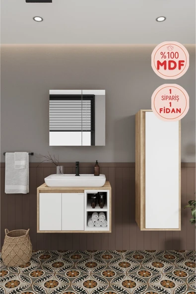 BALNEOM Lale Beyaz 70 Cm Set %100 Mdf Lavabolu Banyo Dolabı Aynalı Dolap Boy Dolabı ürün görseli 1