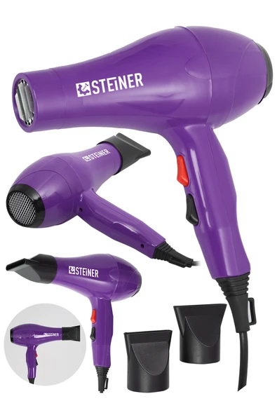 STEİNER Alman 3400 Watt Profesyonel Saç Kurutma Makinesi Fön Makinesi Ac Motor Ms-9001 Mor + 2 Adet Başlık ürün görseli 1