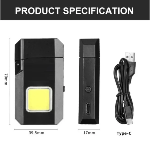 GS-4000 Su Geçirmez COB LED Type-C Şarjlı Elektrikli Çakmak Cep Işığı ürün görseli 1