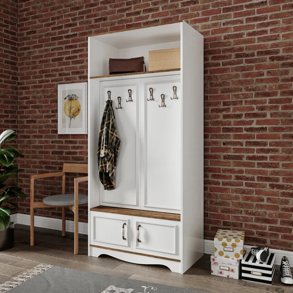Stella 4 Kapaklı 6 Askılı 5 Bölmeli Country Vestiyer, Portmanto Beyaz-Ceviz- Tamamı MDF ürün görseli 1