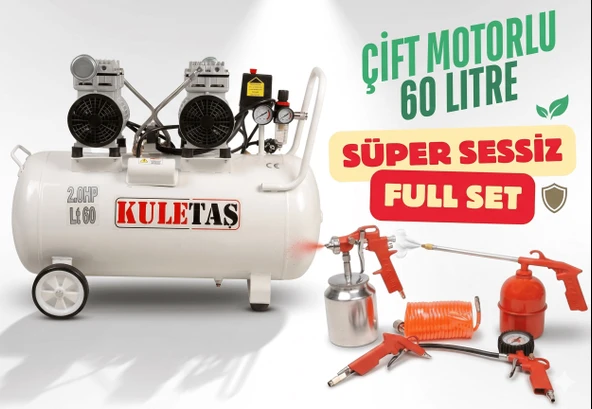 Kuletaş Kompresör Çift Motorlu 60 Litre Süper Sessiz Yağsız - Full Set - 3 Yıl Garanti ürün görseli 1