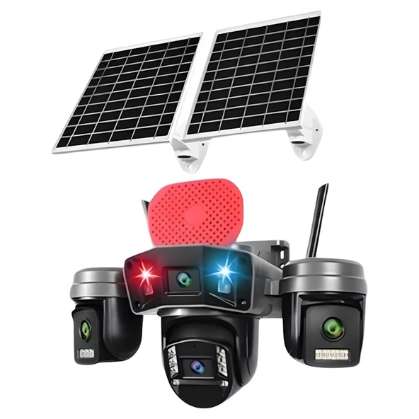 O-Kam OK-336 Premium 4g Solar Çift Panelli 4 Lensli Sirenli Kamera ürün görseli 1