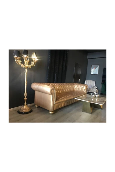 3A Mobilya A Mobilya Gold Leather Chesterfield - Resim 4