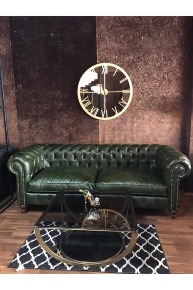 3A Mobilya Maya Yeşil Hakiki Deri Chesterfield - Resim 2