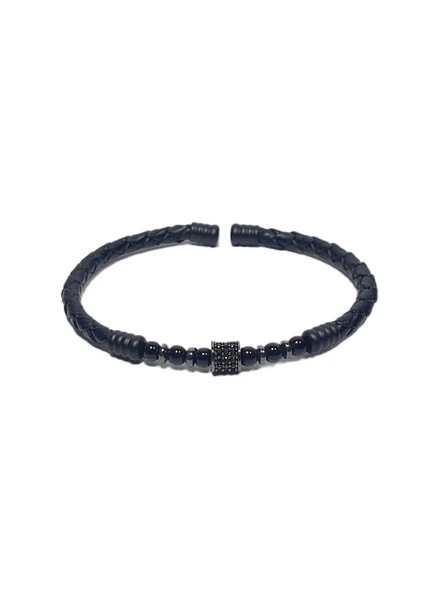 JTSS26BLK1772 PASLANMAZ ÇELİK BİLEZİK HAKİKİ DERİ KAPLAMA ZİRKON ONYX VE HEMATİT DOĞALTAŞLI GARANTİLİ JANTİ BİLEKLİK ürün görseli 1