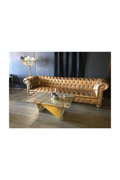 3A Mobilya A Mobilya Gold Leather Chesterfield - Resim 3