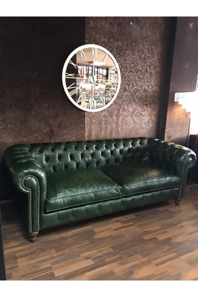 3A Mobilya Maya Yeşil Hakiki Deri Chesterfield - Resim 6