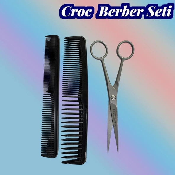 Croc Set01 3Lü Berber Seti Makas + 2 Adet Tarak - Resim 2