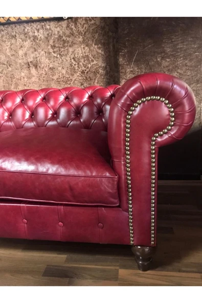 3A Mobilya Premium Red Hakiki Deri Chesterfield - Resim 6