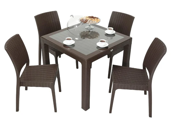 Norino Mandella Elit Rattan 90x90 Elit Sandalye Camlı Masa Takımı KAHVERENGİ ürün görseli 1