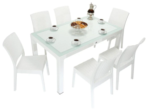 Norino Mandella Elit Rattan 90x150 Elit Sandalye Camlı Masa Takımı BEYAZ ürün görseli 1