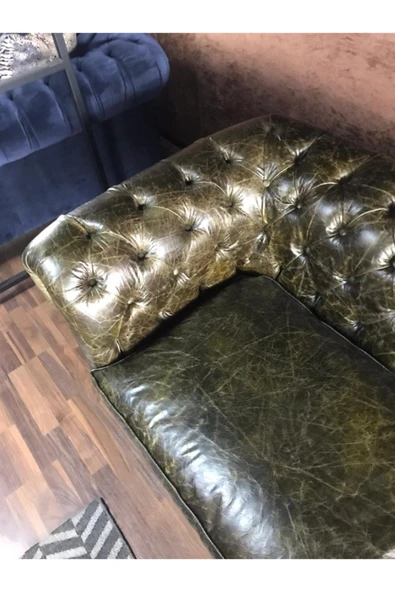 3A Mobilya 3a Green Old Nawy Hakiki Deri Chesterfield ürün görseli 1