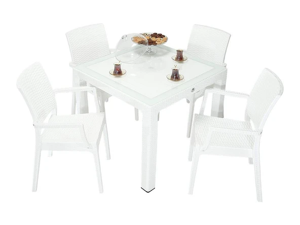 Norino Mandella Elit Rattan 90x90 Elit Koltuk Camlı Masa Takımı BEYAZ ürün görseli 1