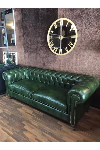 3A Mobilya Maya Yeşil Hakiki Deri Chesterfield - Resim 4