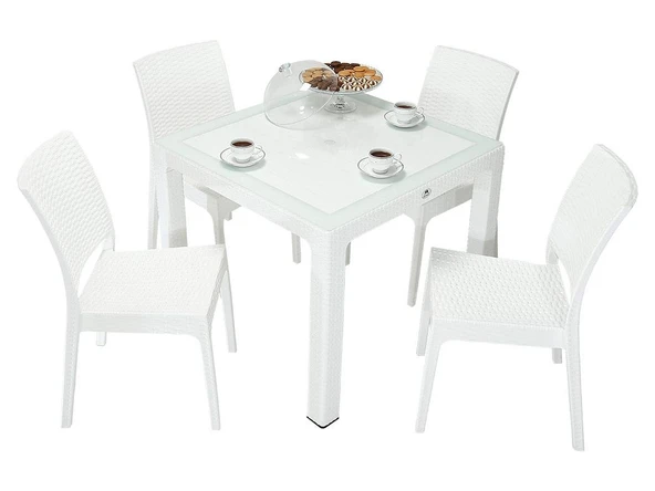 Norino Mandella Elit Rattan 90x90 Elit Sandalye Camlı Masa Takımı beyaz ürün görseli 1