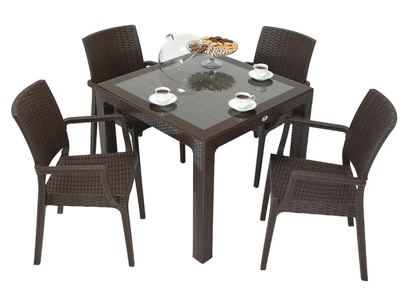 Norino Mandella Elit Rattan 90x90 Elit Koltuk Camlı Masa Takımı KAHVERENGİ ürün görseli 1